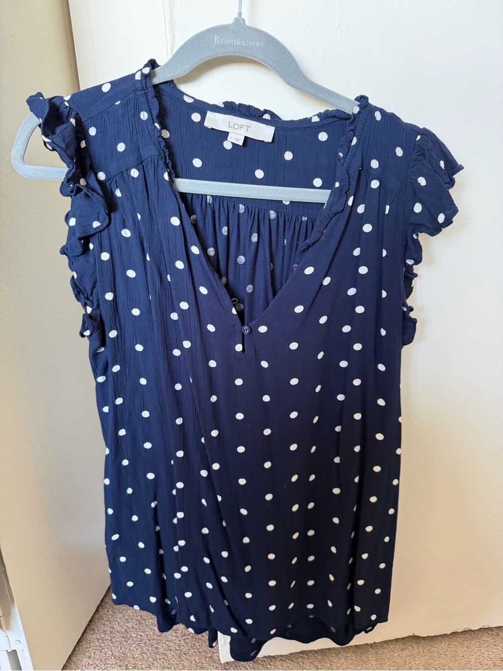 LOFT Navy White Polka Dot Ruffle Cap Sleeve Blouse